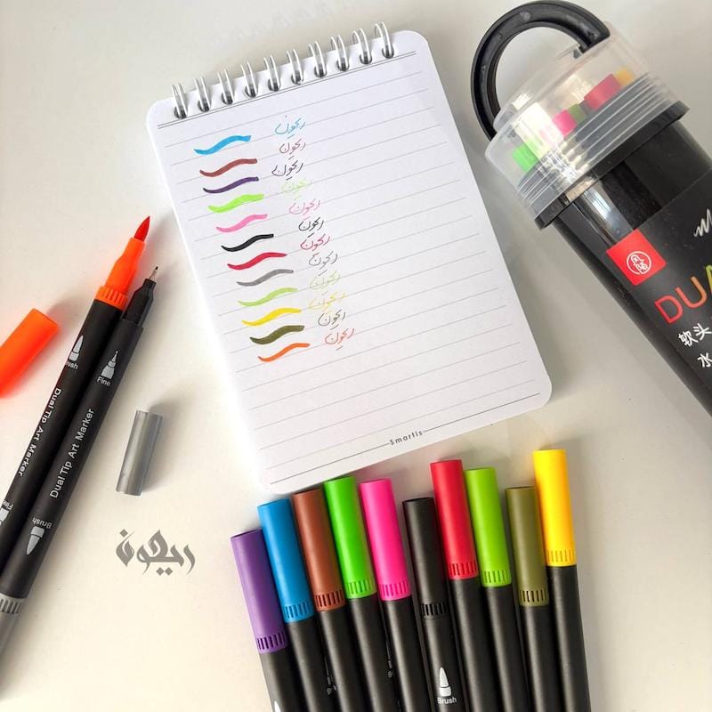 Pack of 12 Brush Pens | Dual-Tip Marker + Pointer With Free Pen Organizer