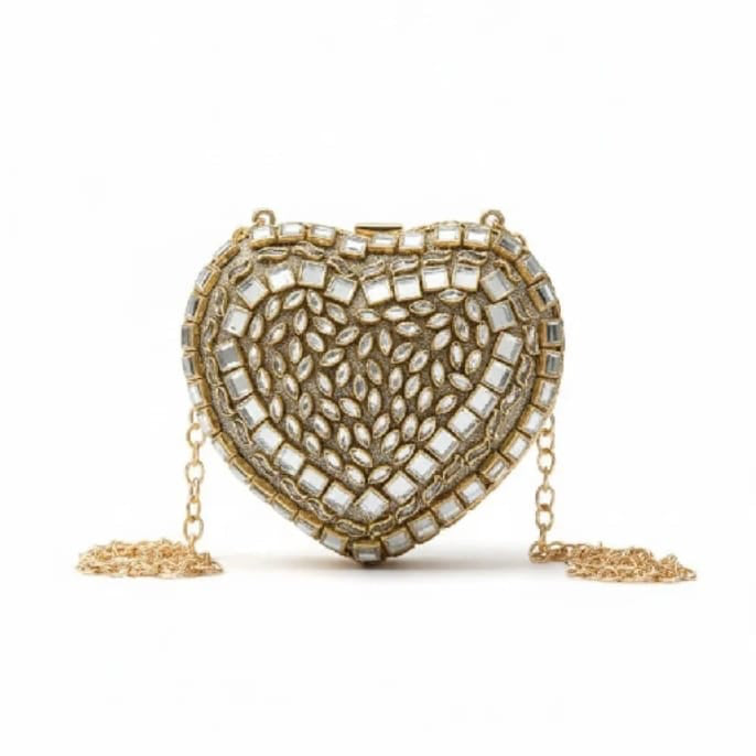 Heart Kundan Clutch Bag With Chain