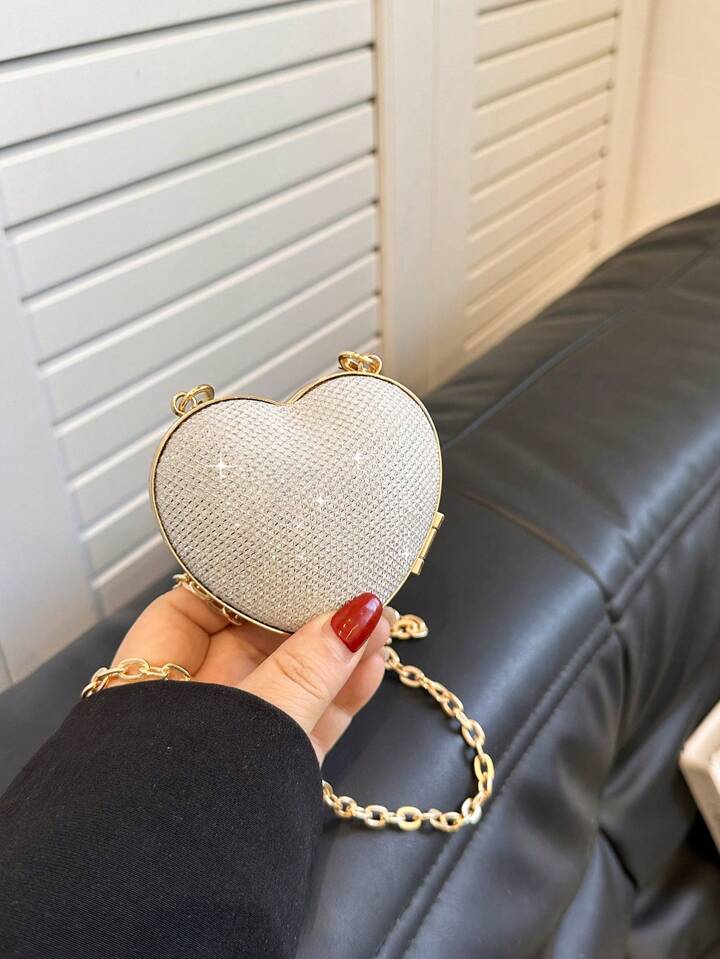 Sparkling Rhinestone Mini Heart Shape Metal Bag