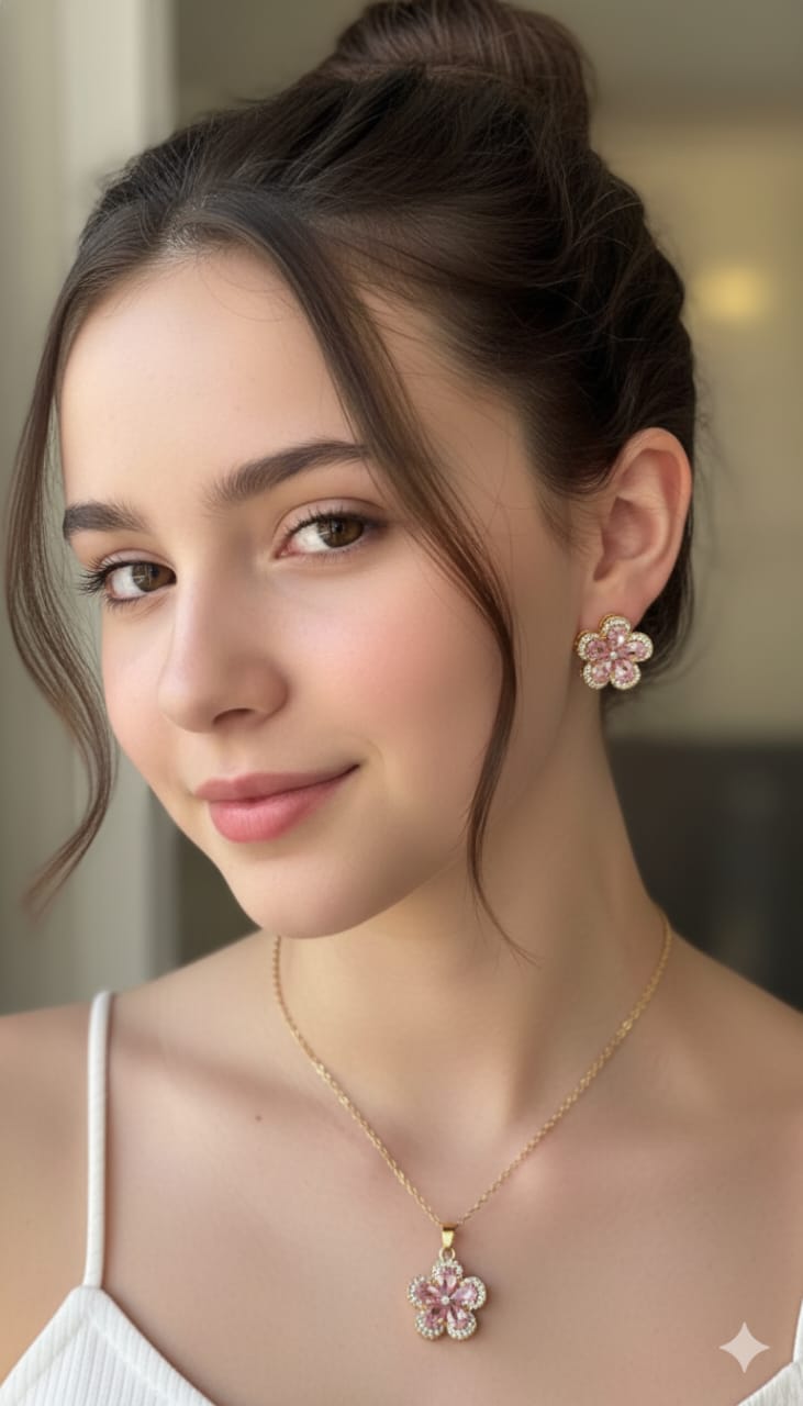 Stones Flower Floral Stainless Steel Earing + Necklace