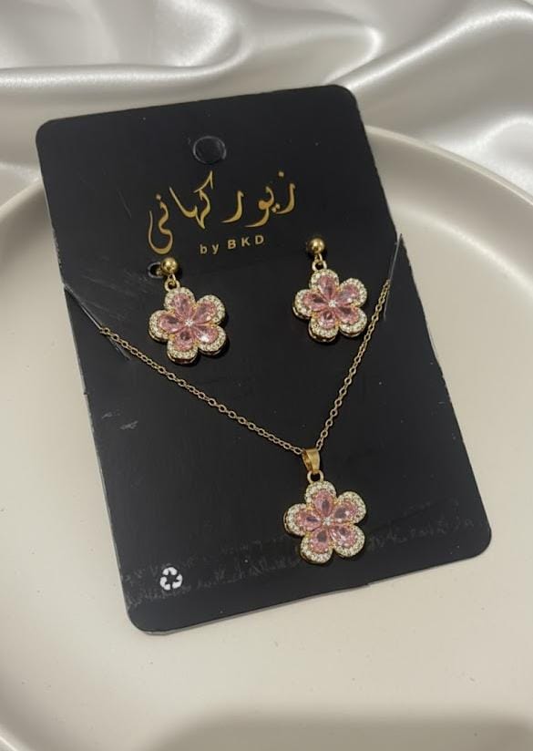 Stones Flower Floral Stainless Steel Earing + Necklace