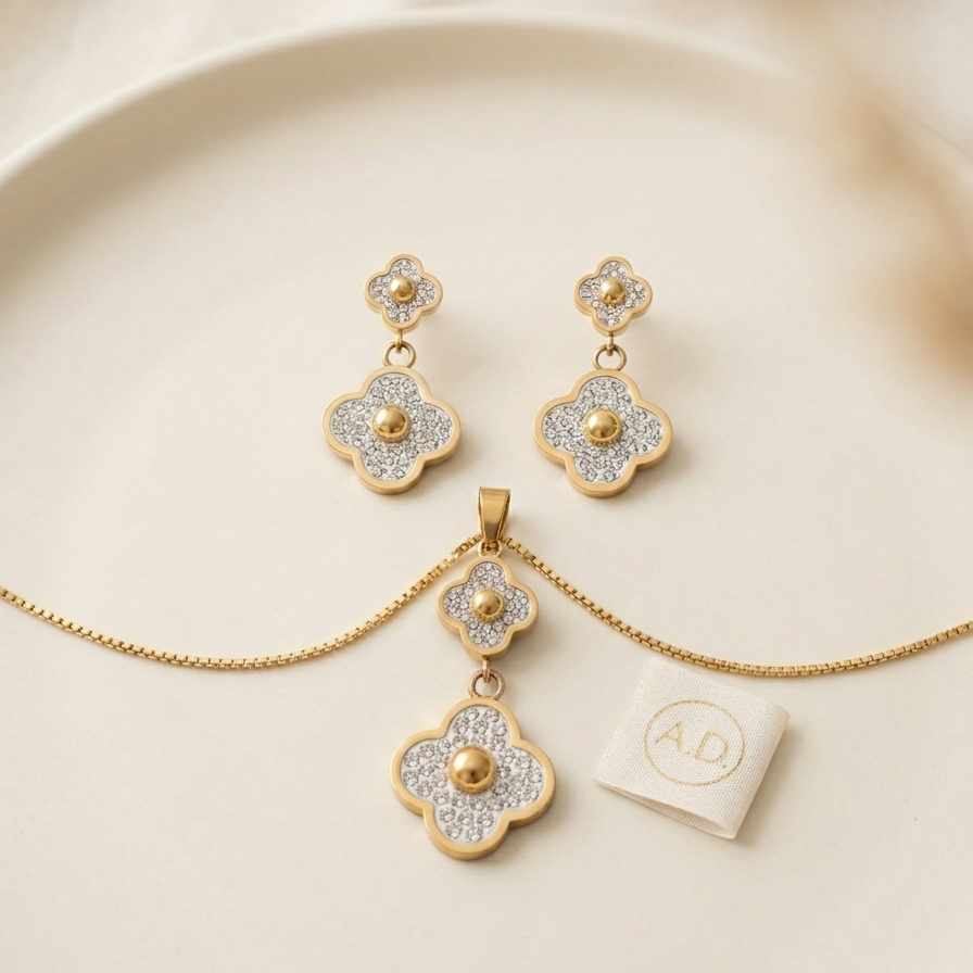 Crystal Pave Clover Necklace & Earring Set