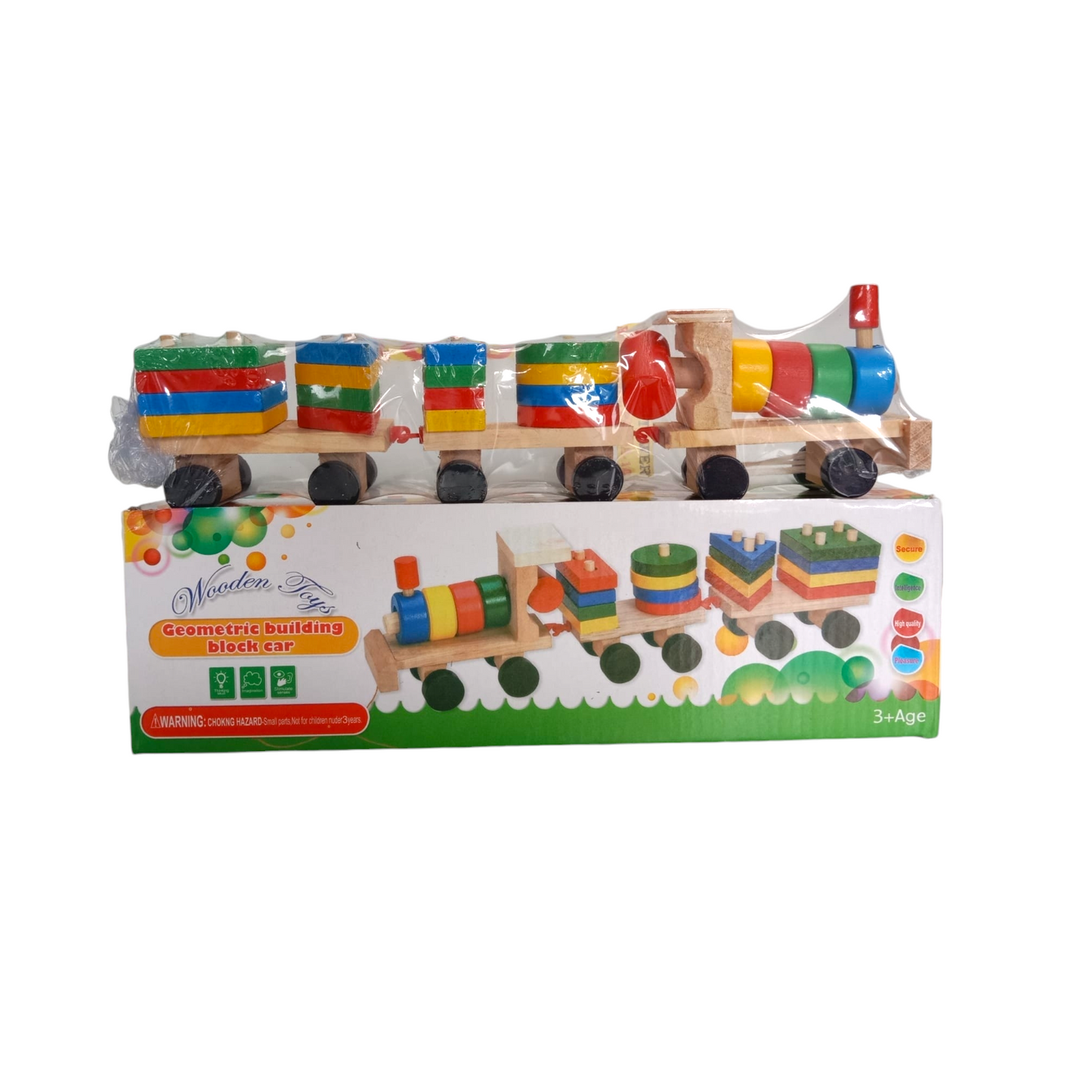 Wooden Geometric Building Block Train