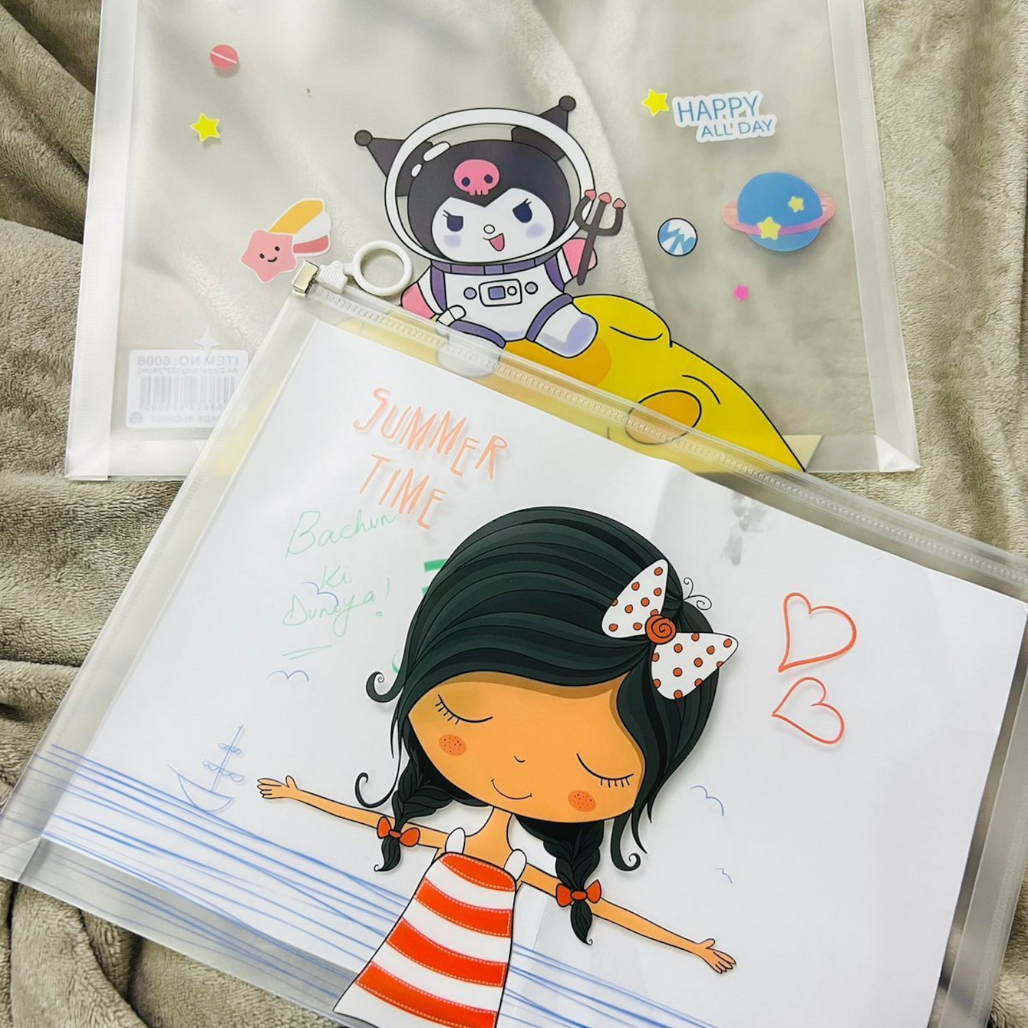 Cartoon Printed Big Size Transparent Zipper Pouch and File Document Holder