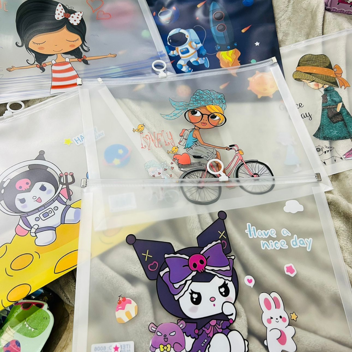 Cartoon Printed Big Size Transparent Zipper Pouch and File Document Holder