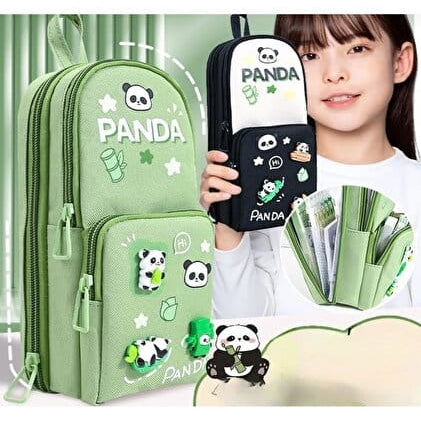 Viral Charm Panda School Bag Shape Spacious 3 Zips Pencil Pouch