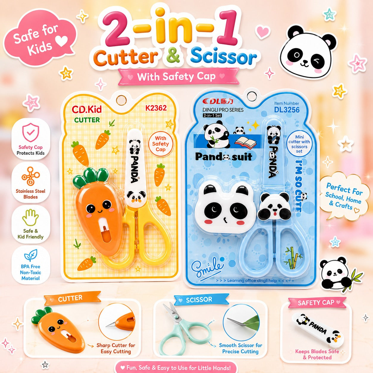 2 in 1 Paper Cutter and Scissor Set | Safety Cap Included