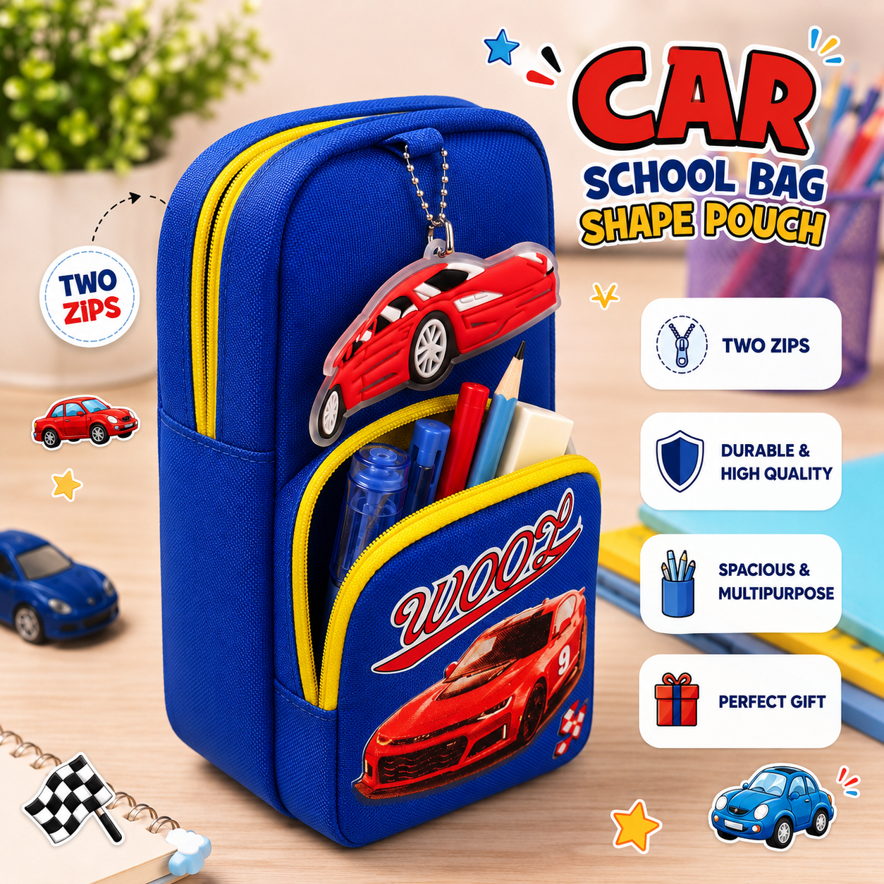 Cars School Bag Shape Double Zip Stationery Pouch