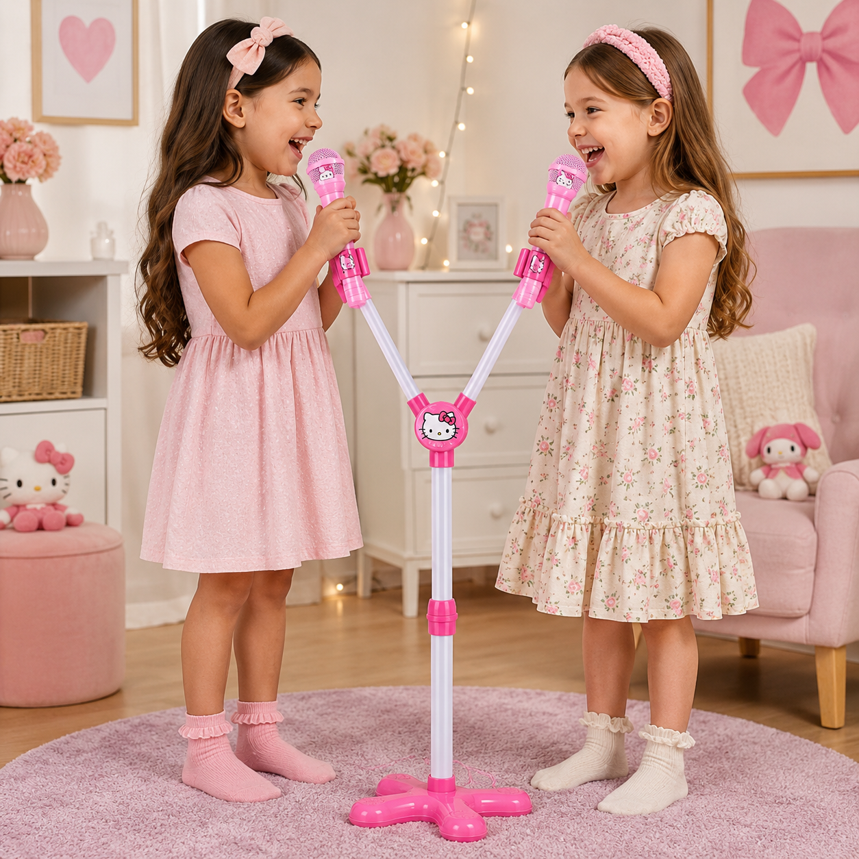 Hello Kitty Double Mic Stand with Built-in Speaker | Connect Your Phone & Play Music | Kids Karaoke Toy