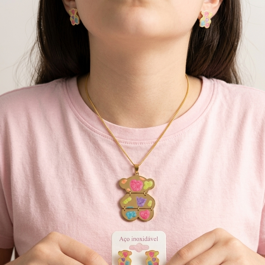 Cute Multicolored Teddy Bear Pendant & Earrings Set – Stainless Steel Jewelry for Girls