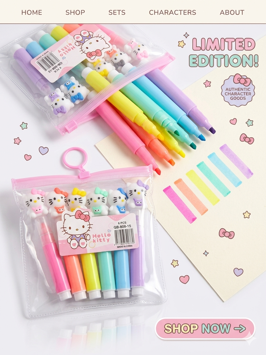 Hello Kitty 6-Piece Pastel Highlighter Marker Set