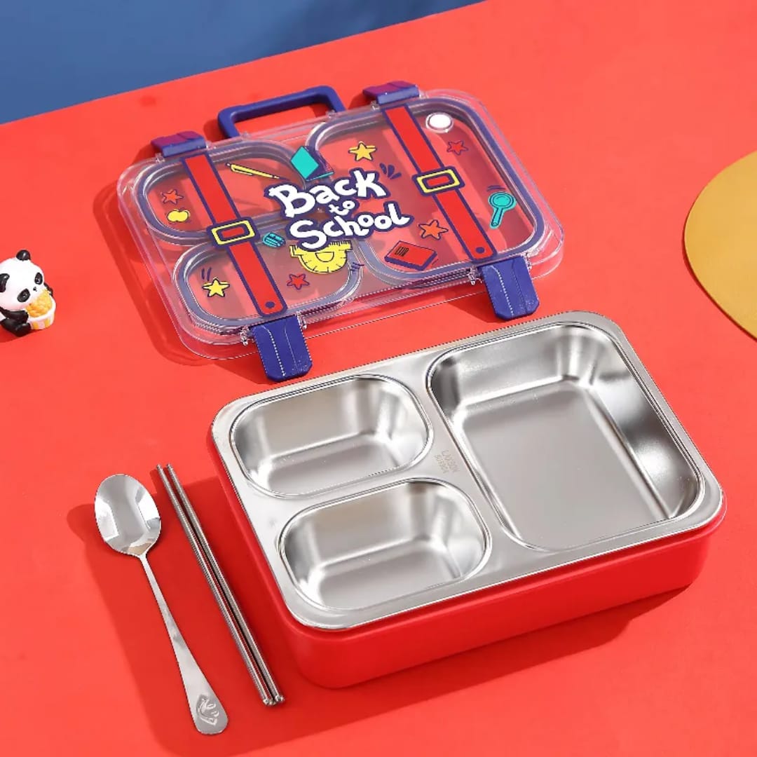 Back to School Stainless Steel Lunch Box - 3-Compartment Leak-Proof Design with Steel Spoon & Chopsticks