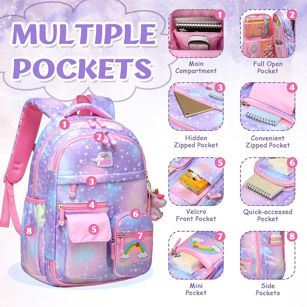 Unicorn Rainbow School Bag For Girls With Unicorn Key Chain