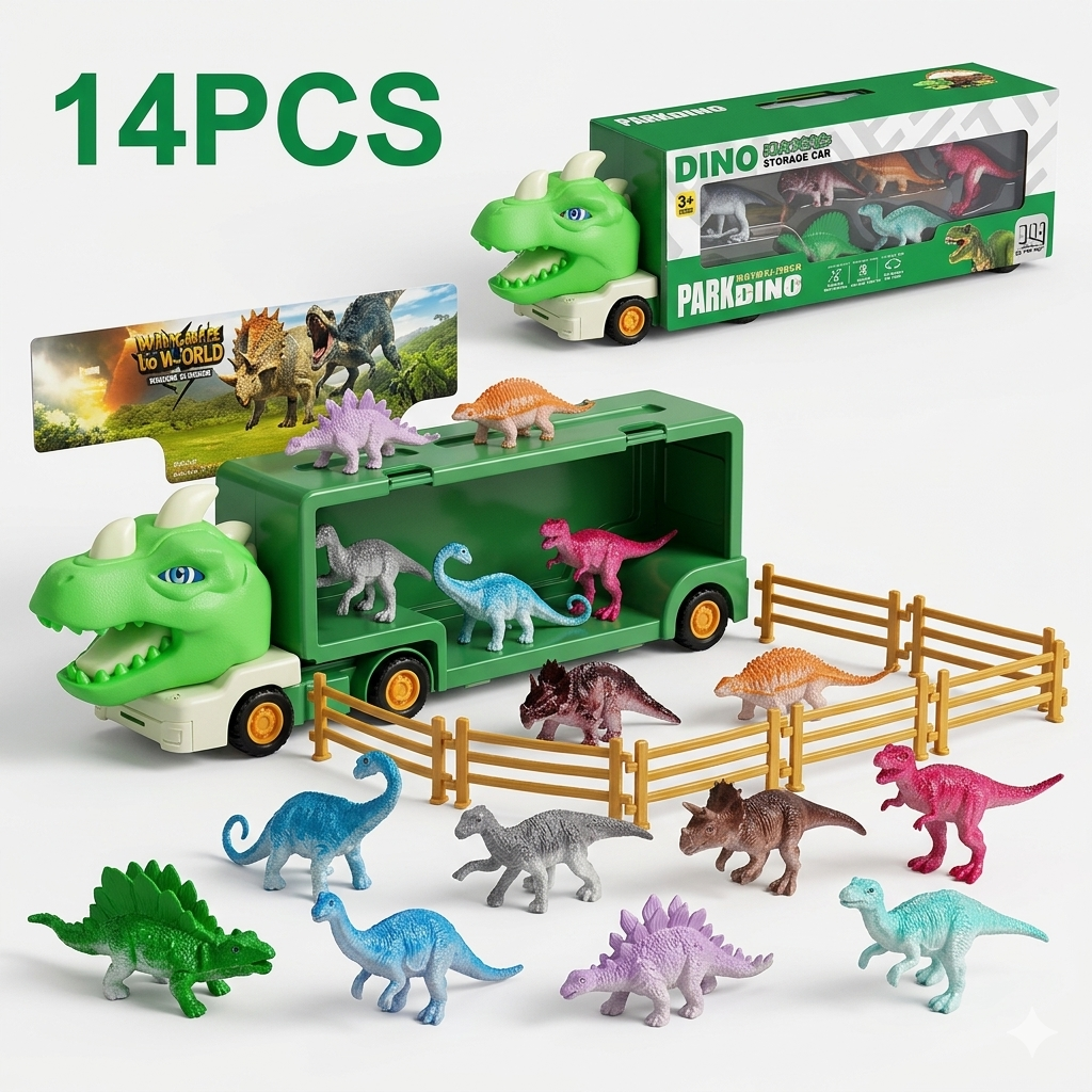 14-Piece Dinosaur Transport Truck Toy Set with Mini Dino Figures