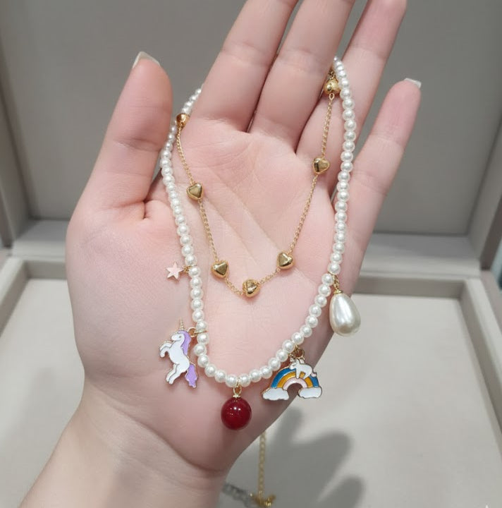 Kids Charms Unicorn Rainbow Double Chain Necklace
