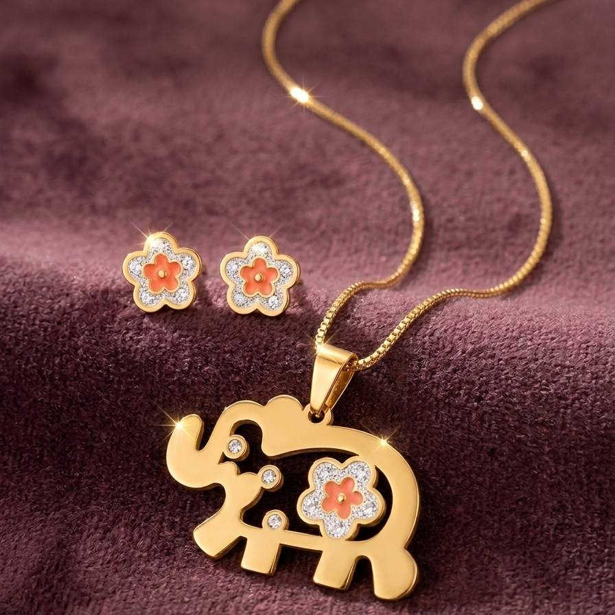 Elegant Elephant Design Stainless Steel Pendant Set for Kids