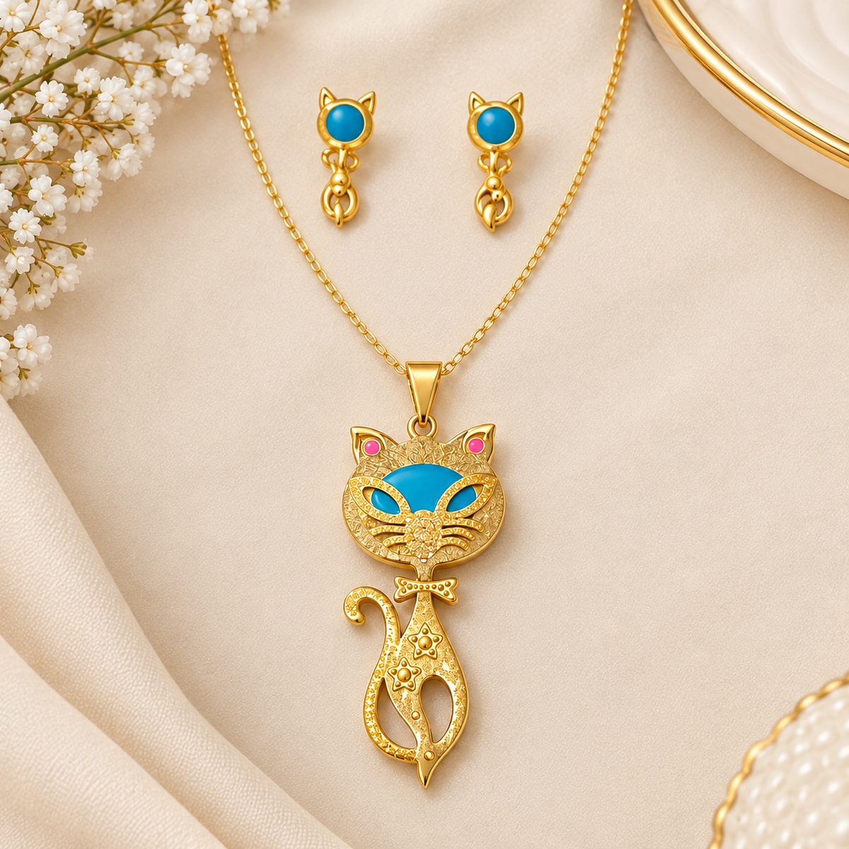 Dainty Golden Cat Pendant & Earrings Set – Premium Stainless Steel for Kids