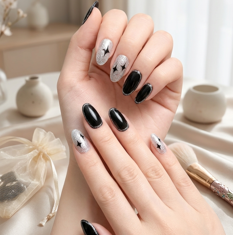 Premium 24pcs Press-On Nail Kit – Elegant Black & Silver Star Design