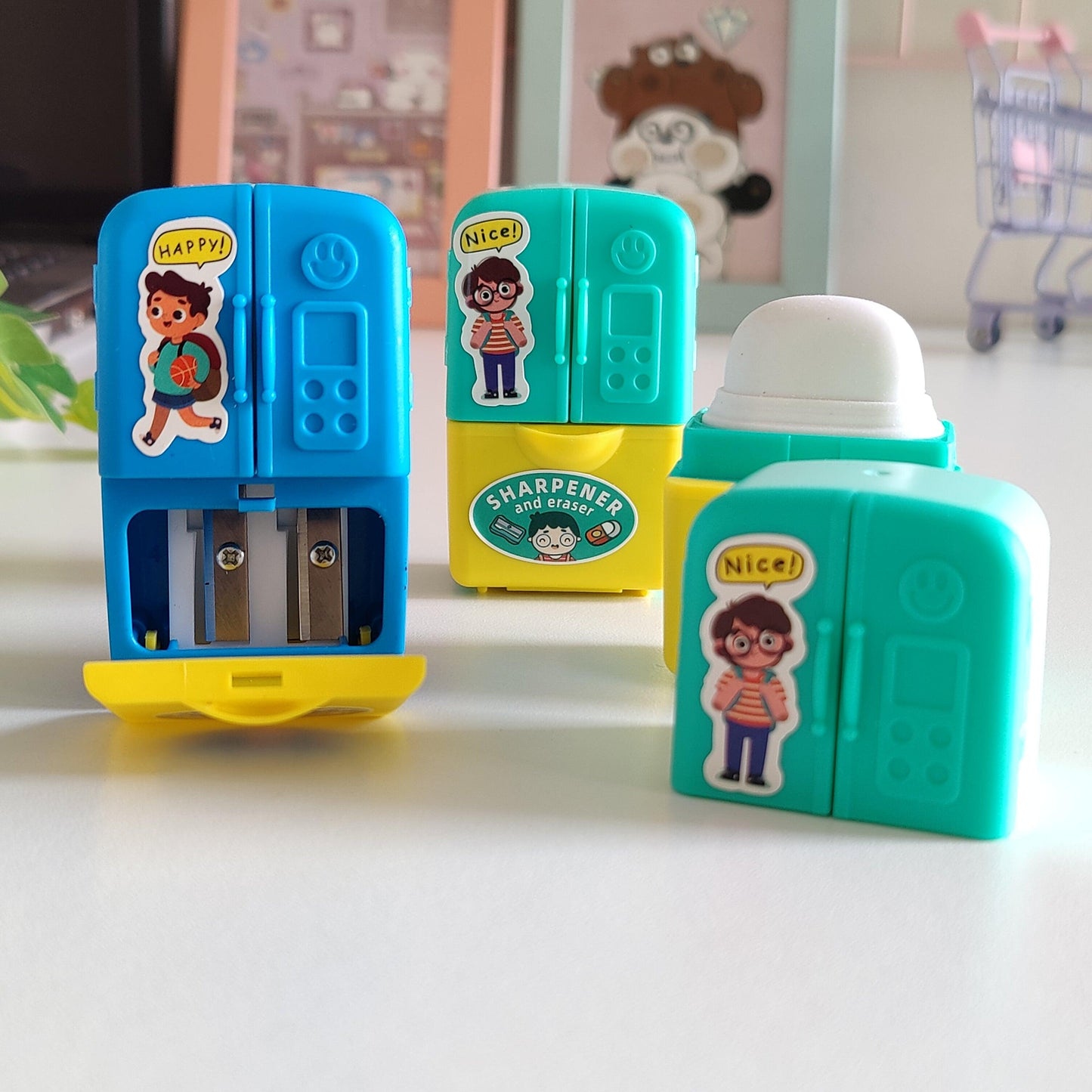 Mini Fridge Shape Pencil Sharpener with Eraser – Cute Stationery for Kids