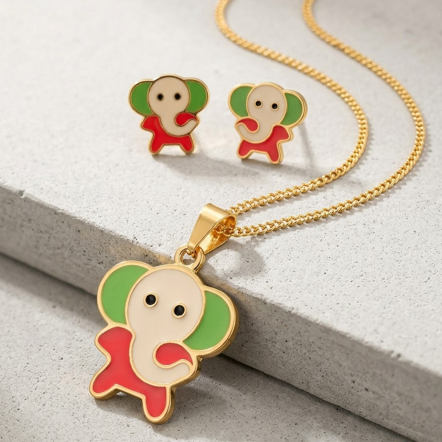Charming Elephant Enamel Jewelry Set for Kids