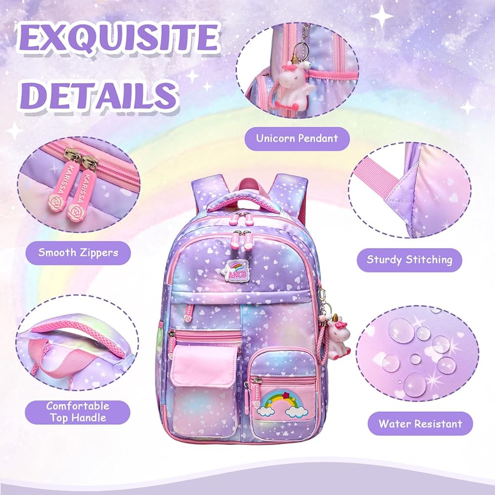 Unicorn Rainbow School Bag For Girls With Unicorn Key Chain