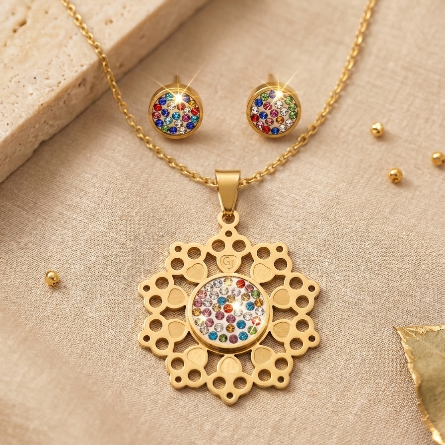 Premium Stainless Steel Multicolour Crystal Pendant & Earring Set
