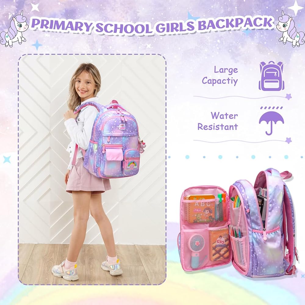 Unicorn Rainbow School Bag For Girls With Unicorn Key Chain