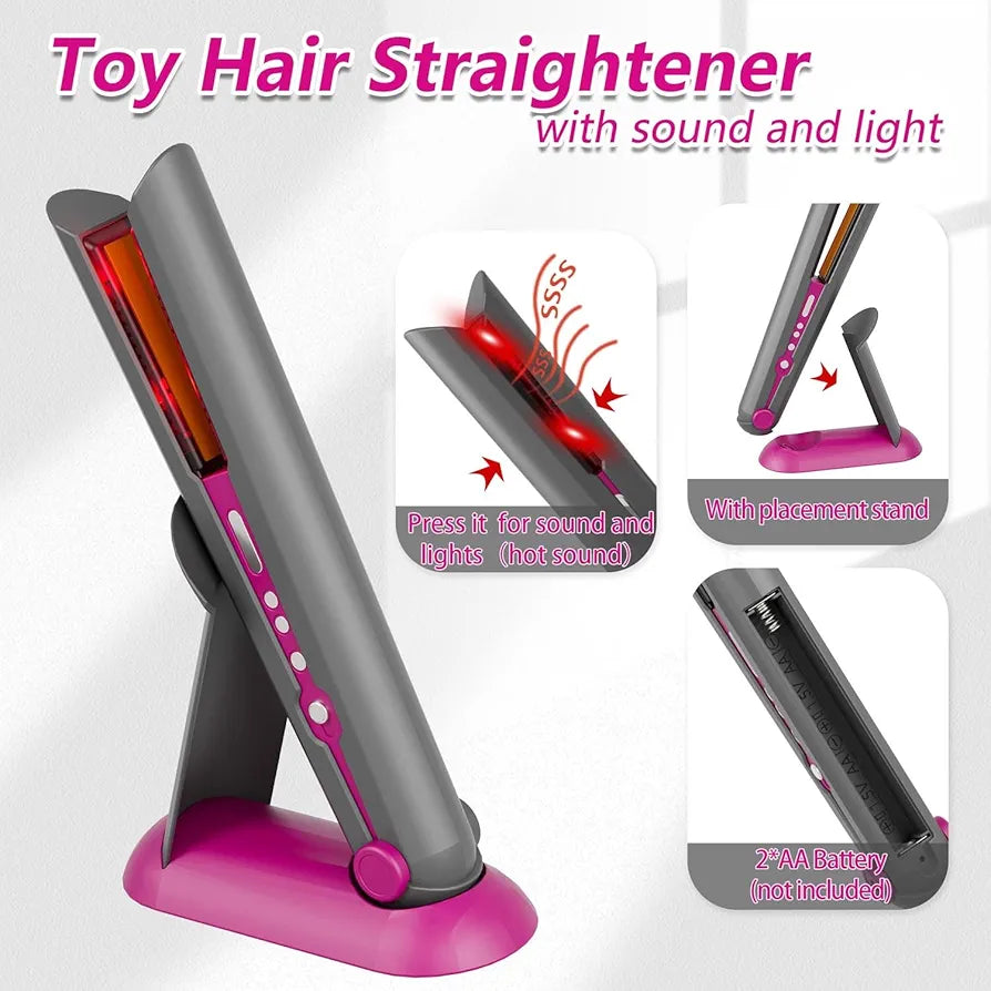 Kids Hair Salon Pretend Play Set With Real Light & Sound Hair Dryer & Straightener