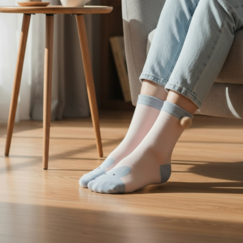 Cute Pink & Blue Heel & Toe Socks with Pom-Pom Detail