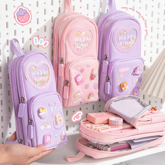 Viral Charm School Bag Shape Spacious 3 Zips Pencil Pouch
