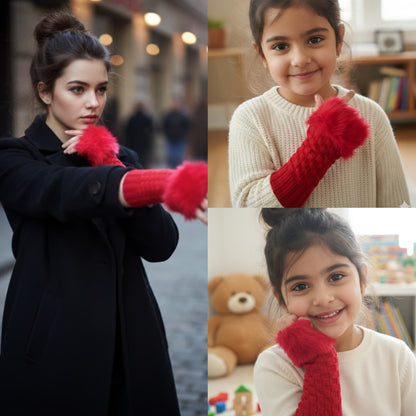 Girls Fur Fingerless Gloves Red | Black | Blue