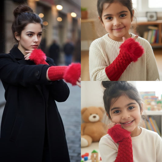 Girls Fur Fingerless Gloves Red | Black | Blue