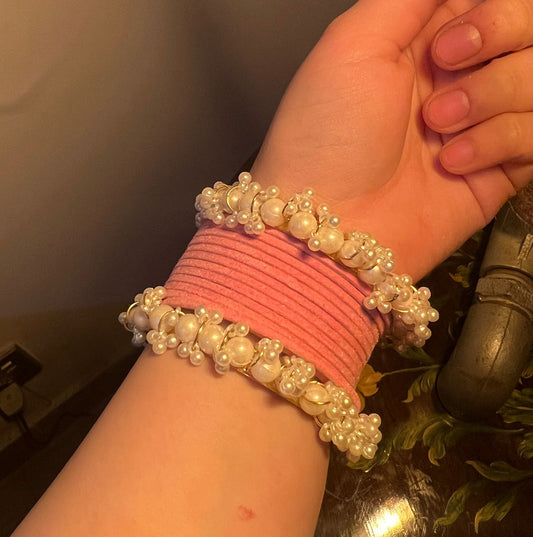 Baby Pink Velvet Pearl Bangles Set
