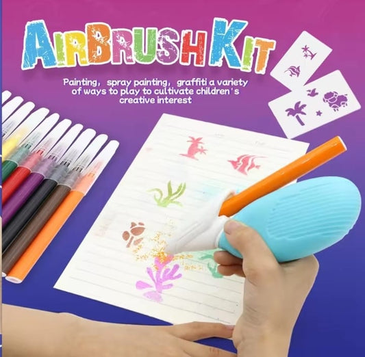 Air Brush Kit With 12 Colour Markers | Hand Pump | 8 Stencil Sheets | 1 Colouring Book