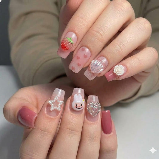 Labubu Strawberry Charms Tea Pink Nails With Acrylic Box