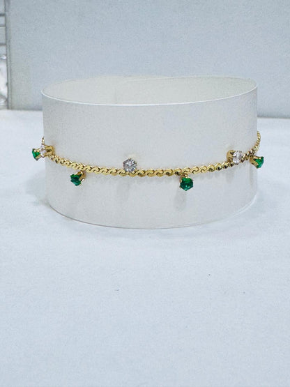 Emerald Green And Zircon Charms Stainless Steel 2 in 1 Bracelet + Anklet