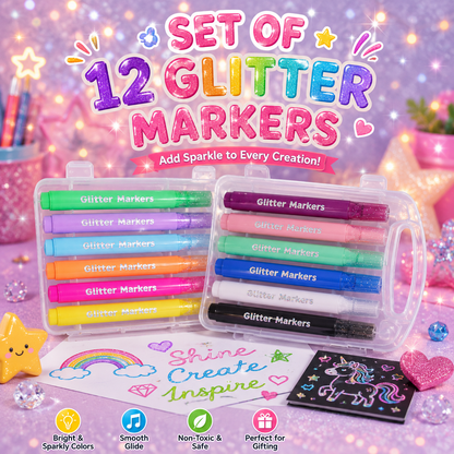 Set Of 12 Glitter Markers In Bright Neon Colors