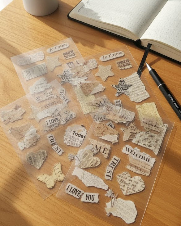News Paper Style Journaling Stickers | 6 Pcs Sheets
