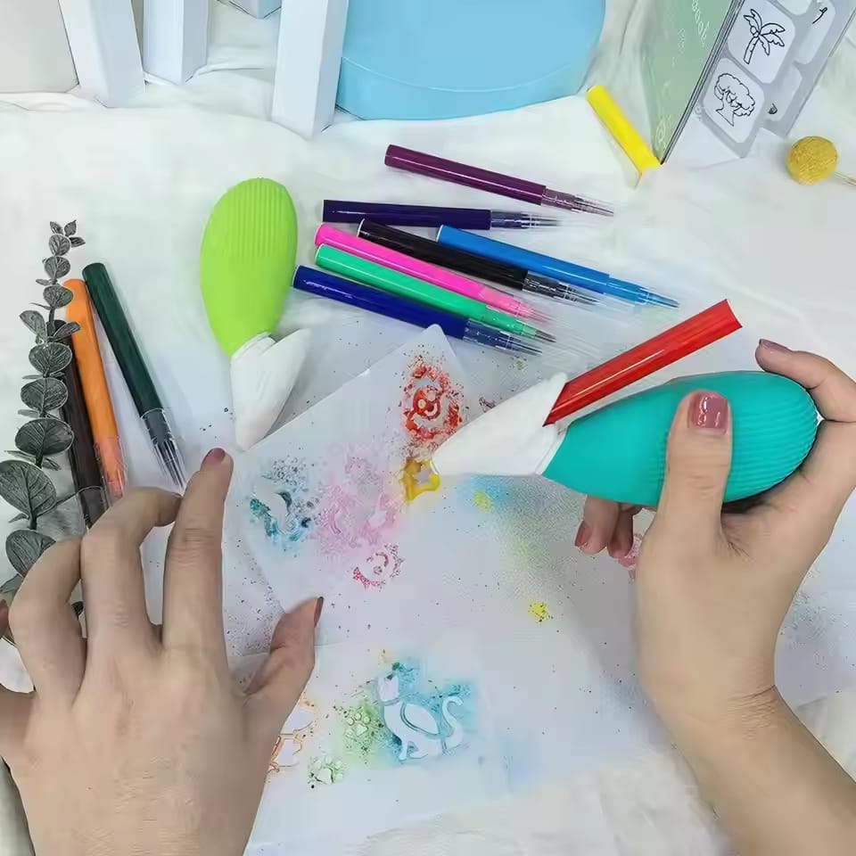 Air Brush Kit With 12 Colour Markers | Hand Pump | 8 Stencil Sheets | 1 Colouring Book