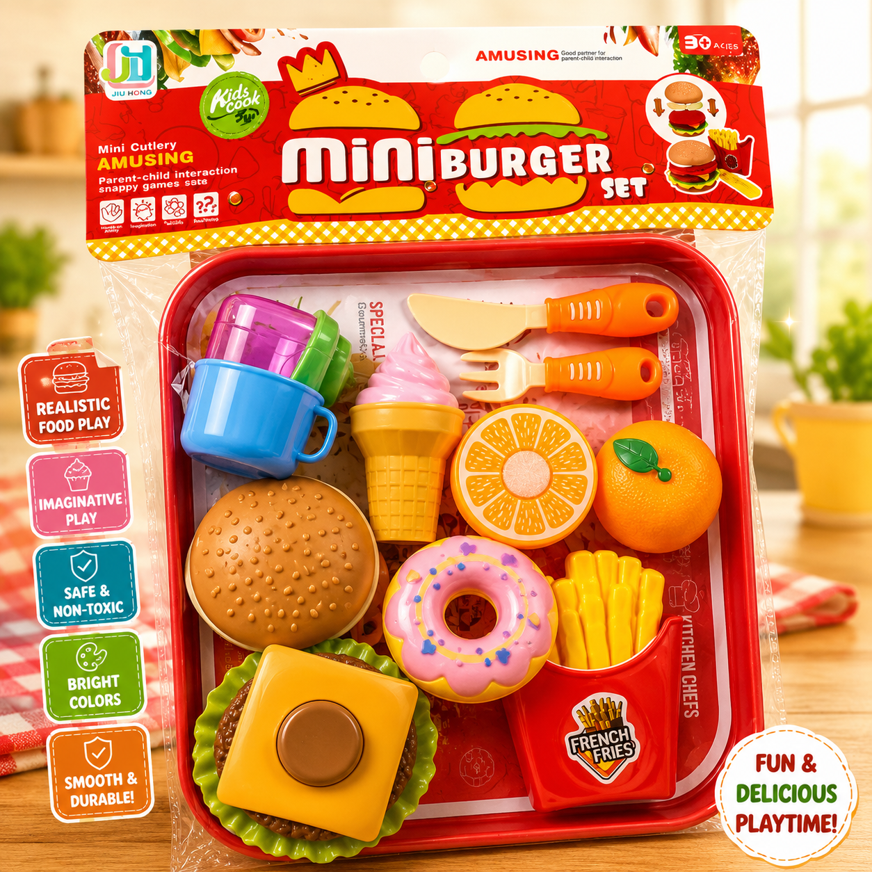 Fast Food Pretend Play Set With Burger Stacker and Fruits Cutting