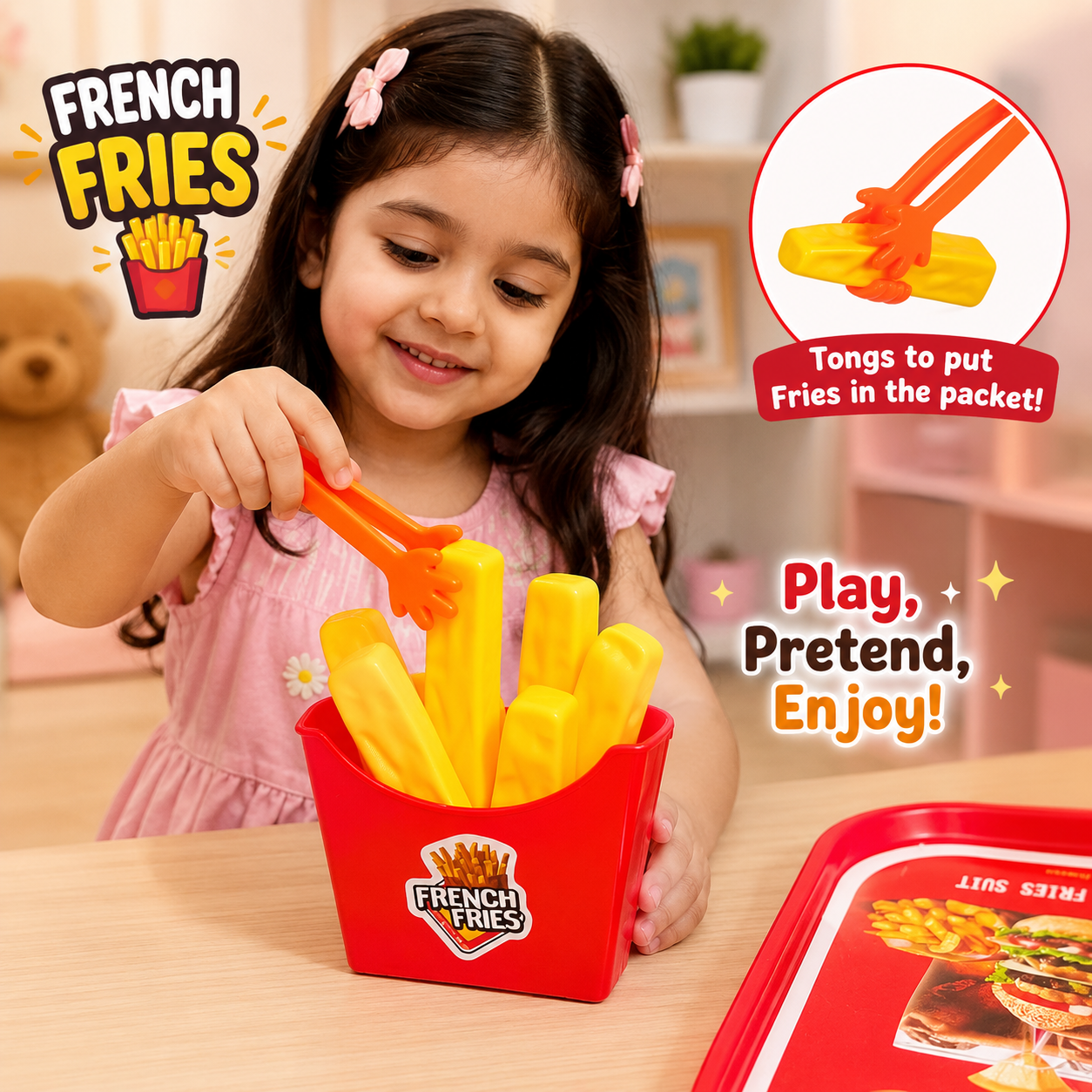 Fast Food Pretend Play Set With Burger Stacker and Fruits Cutting