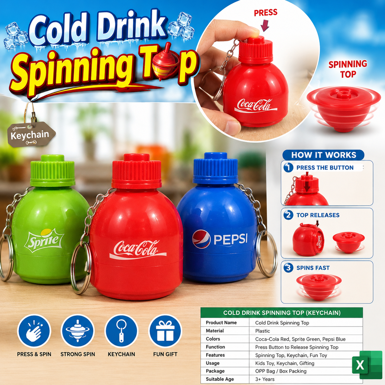 Cold Drink Spinning Top With Keychain