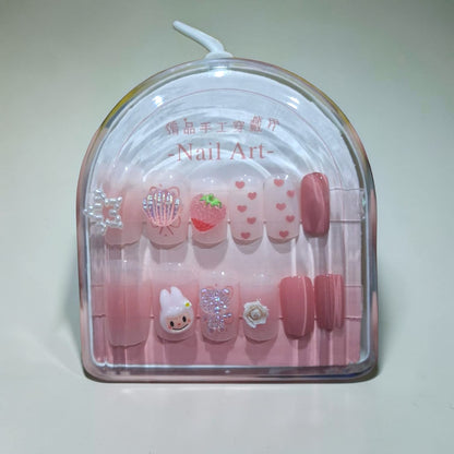 Labubu Strawberry Charms Tea Pink Nails With Acrylic Box