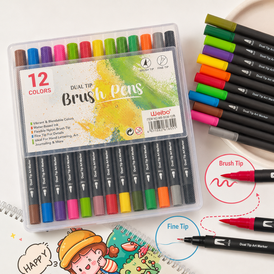 Pack of 12 Brush Pens | Dual-Tip Marker + Pointer With Free Pen Organizer