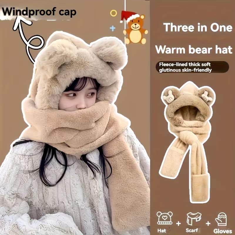 Bear Soft Fur 3 in 1 Cap | Gloves | Neck Scarf | Ultra-Soft & Cozy