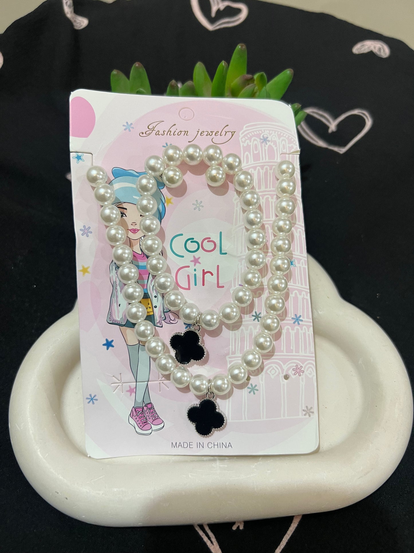 Kids 3 in 1 Earings Necklace Bracelet Pearls Set With Charms