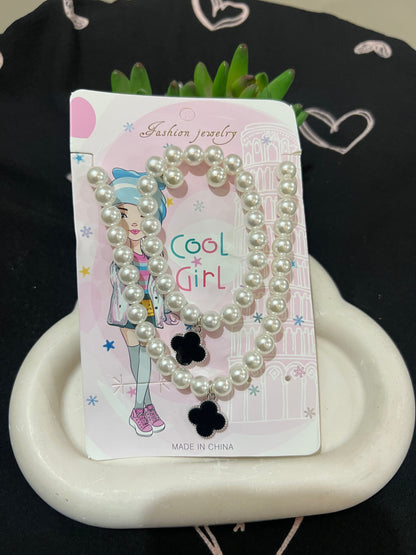 Kids 3 in 1 Earings Necklace Bracelet Pearls Set With Charms