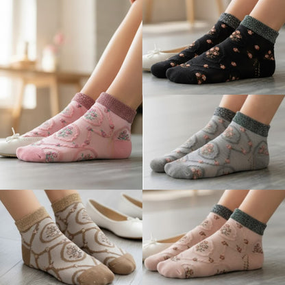Carved Embossed Floral Ladies Socks With Moonlight Glitter