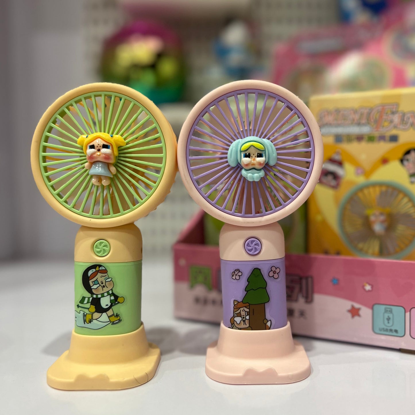 Cry Baby Power Puff Chargeable Hand Fans With Mobile Holder Stand