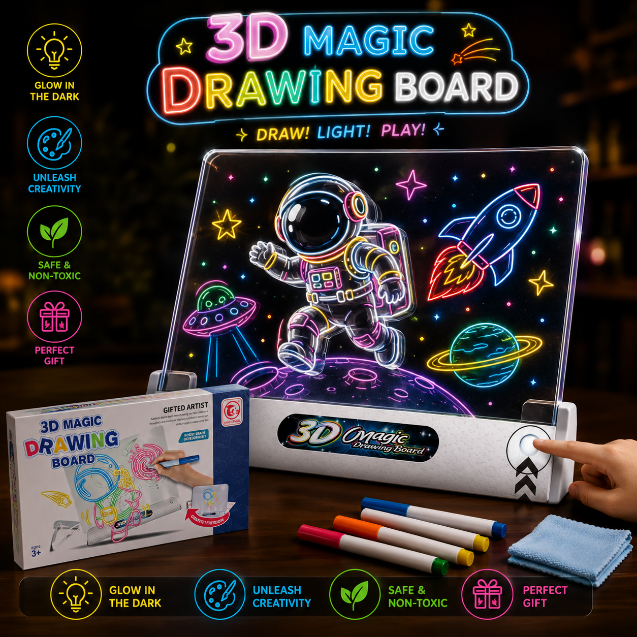 3D Magic Drawing Board With Lights | Markers | 3d Glasses